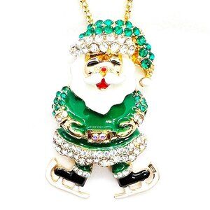 Green SANTA Claus on Skates Christmas Pendant Necklace & BROOCH